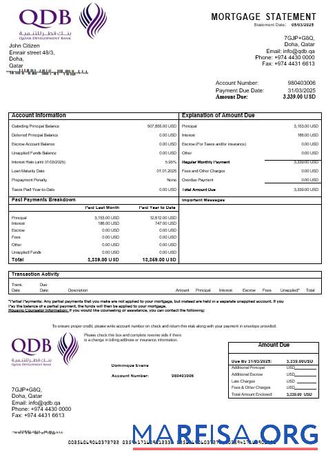 Blank Qatar Development bank mortgage statement in Word and PDF formats template